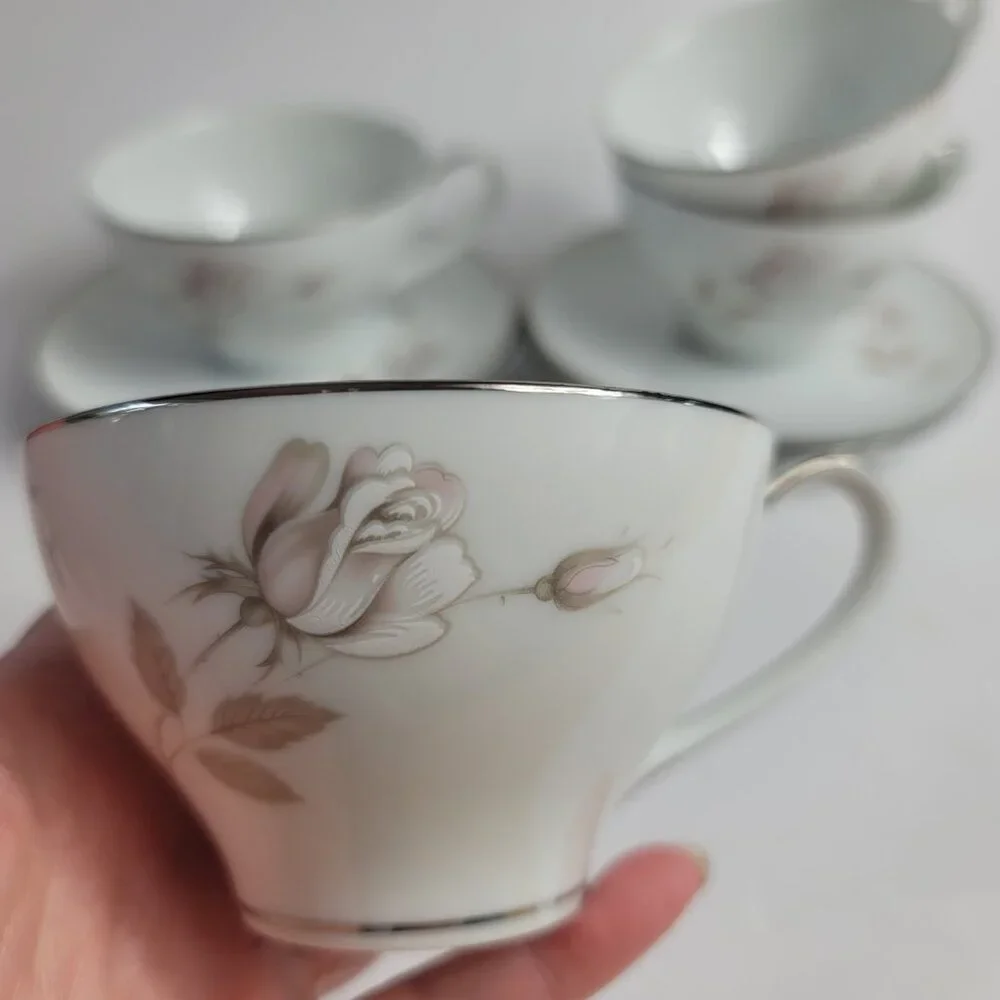 FOUR Noritake Sweet Talk Cup & Saucers Sets White with Pink & White Roses